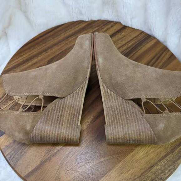 Lucky Brand LK-Reevas Side Cutout Peep Toe Wedge Boots Sesame Oiled Suede 8.5 - Picture 7 of 13